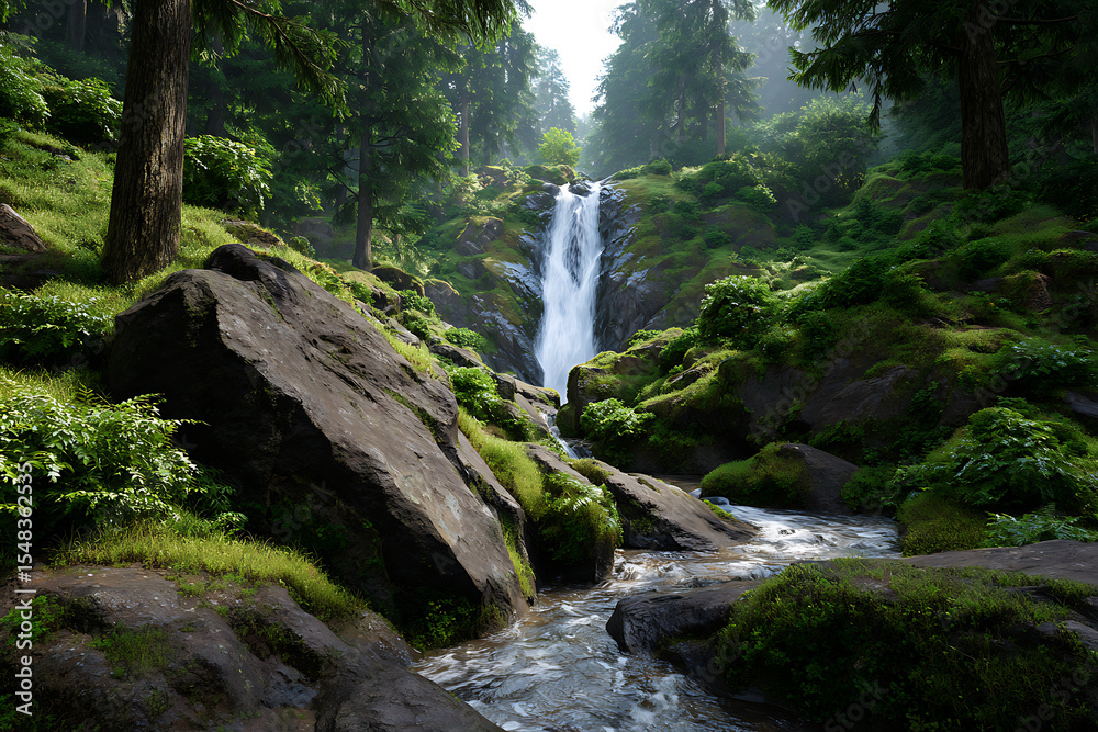 Fototapeta premium Serene Waterfall Cascading Mossy Rocks Lush Green Forest 2