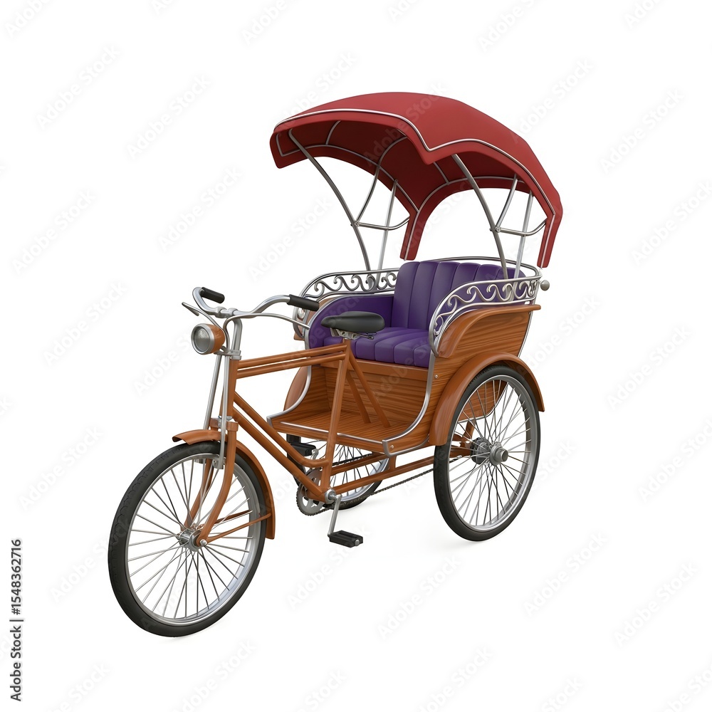 Fototapeta premium Antique Tricycle with Red Canopy and Purple Seat on White Backdrop