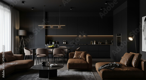 Minimalist interior of the living room kitchen. Interior of elegant kitchen and dining area. 3d illustration with black interior and brown sofas