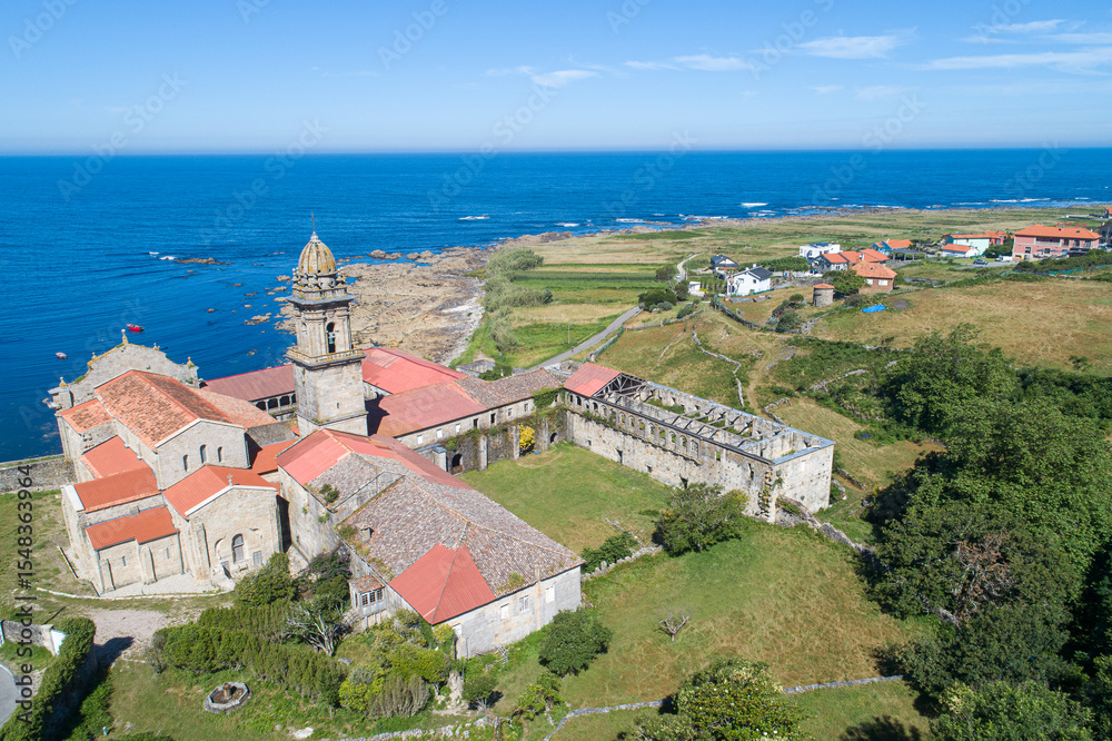 Obraz premium aerial drone view historic royal monastery of santa maría de oia in galicia