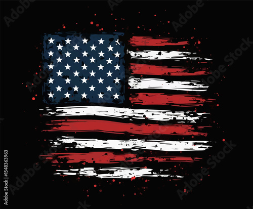 Vector design with drawing
of torn national flag of usa with spots and splashes. 
Fashion t-shirt print. American pattern 
of stars and stripes for textiles, fabric, clothing.