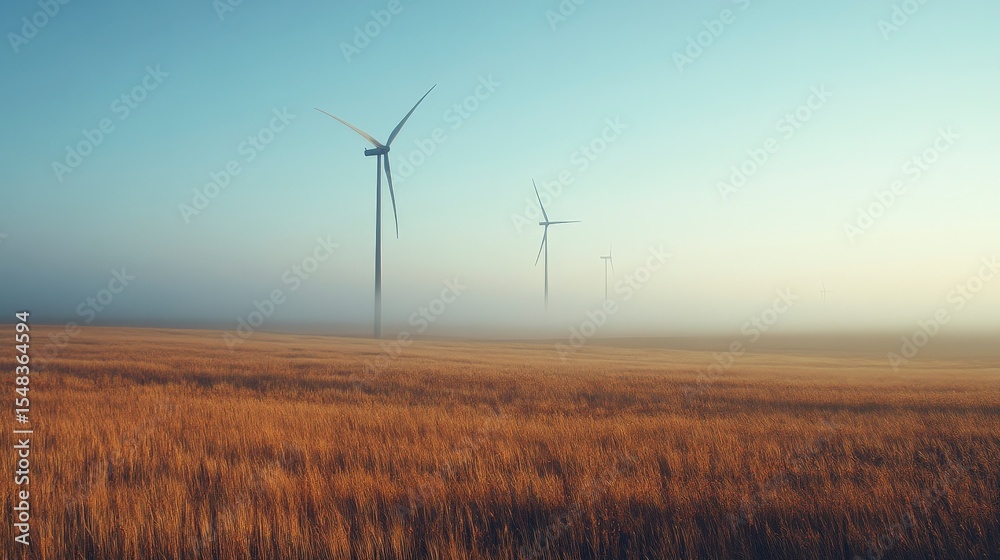 Obraz premium Wind Turbines in Golden Field under Foggy Blue Sky at Sunrise