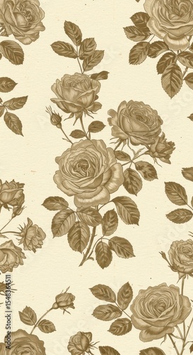 Vintage floral pattern with brown roses and leaves on cream background - vertical design
