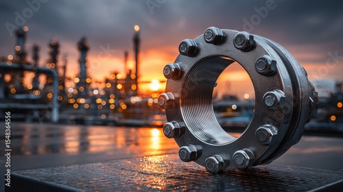 Dark clouds hover over a refinery at sunset, highlighting a shiny metal pipe flange in the foreground. Reflections shimmer on wet surfaces as lights begin to illuminate the complex.