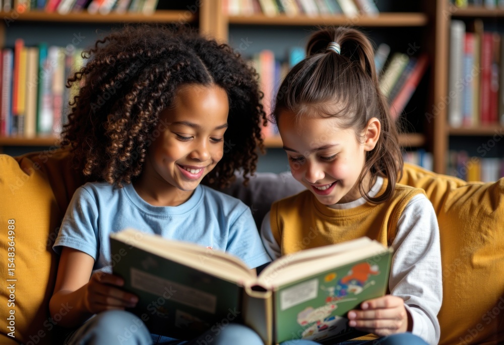 Obraz premium Two young girls with curly and straight hair reading a book together on a cozy sofa