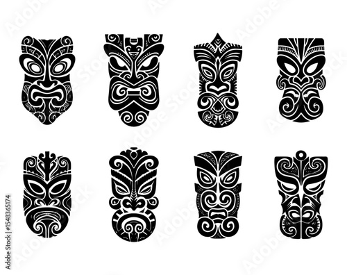 A set of 8 New Zealand Maori style hei tiki tattoo design, icon minimalist style. Vector illustration. Isolated on transparent background.	