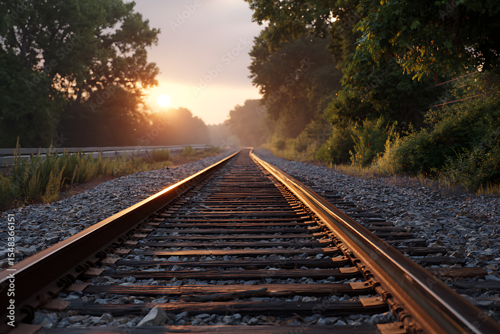Fototapeta premium Sunrise Railroad Tracks Golden Hour Landscape railway