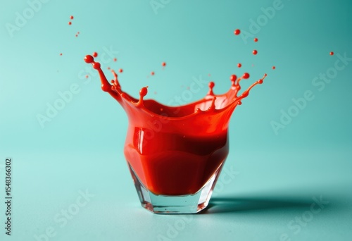 Bright red liquid splashes out of a glass on a pastel blue background, creating a dynamic and energetic scene