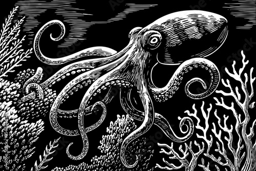 Octopus with curled tentacles and intelligent eyes in under sea, a black and white sketch vector