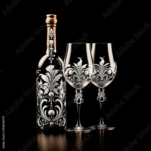 Graphic of decorated wine bottle and glasses. (AI Generated)