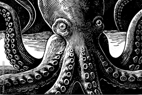 Octopus with curled tentacles and intelligent eyes in under sea, a black and white sketch vector