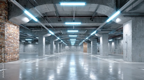 A spacious underground parking garage features bright overhead lights illuminating the concrete flooring and structural pillars. The clean environment showcases organized parking spaces.