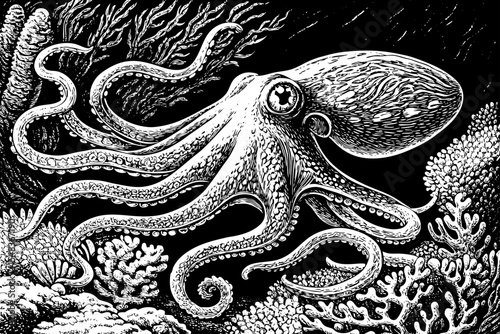 Octopus with curled tentacles and intelligent eyes in under sea, a black and white sketch vector