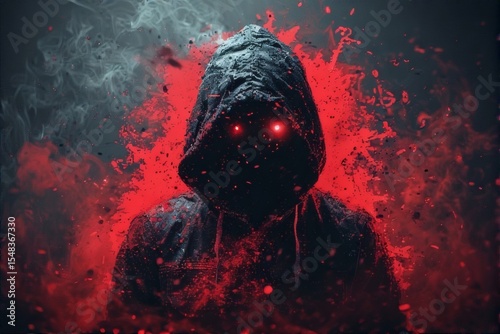 Dark Figure with Glowing Red Eyes in Dystopian Setting
Mysterious Hooded Character in Cyberpunk Environment
Threatening Presence: Illuminated Red Eyes in the Dark
Abstract Horror: Digital Glitch