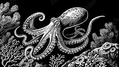 Octopus with curled tentacles and intelligent eyes in under sea, a black and white sketch vector