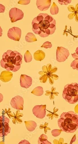 Warm floral pattern with pink and yellow petals on tea-shaded background
