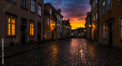 Charming European street at sunset