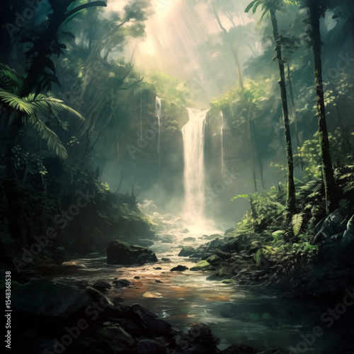 Tropical waterfall and stream landscape. (AI Generated)