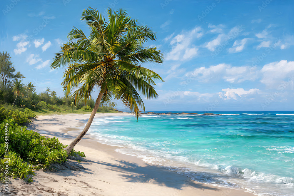 Fototapeta premium Tropical Beach Scene Coconut Palm Tree Turquoise Ocean White Sand