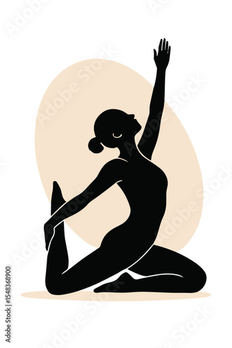 Silhouette of woman in yoga pose on abstract background, flat vector style, wellness and flexibility concept