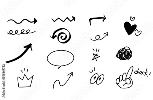 手書きアイコンセット（矢印・吹き出し・王冠・目玉・指差し・星・ぐちゃぐちゃ線）／黒単色・シンプル