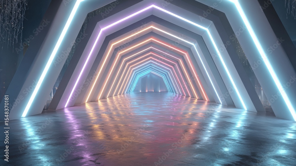 Fototapeta premium A futuristic corridor displays colorful neon lights along geometric arches, creating a visually striking pathway. The smooth floor reflects the vibrant hues, enhancing the atmosphere.