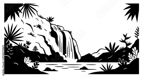 Vector illustration of a waterfall in a lush jungle