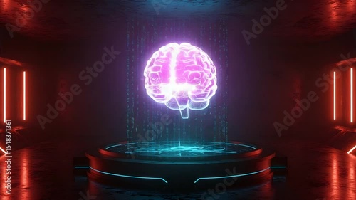 Illuminated Brain Displayed Above Platform with Falling Digits