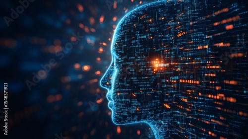 Mind and Technology: A visually captivating rendering presents the human head silhouette, artfully blended with glowing digital particles and code.