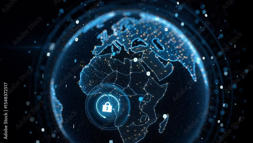 A digital globe with multiple layers of data points and graphs, with an illuminated padlock icon in the center representing global security Generative AI