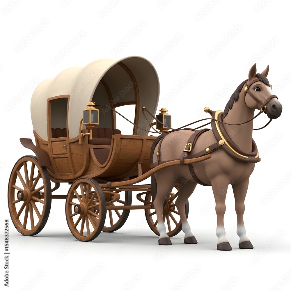 Fototapeta premium Animated Horse with Antique Wooden Carriage on White Background