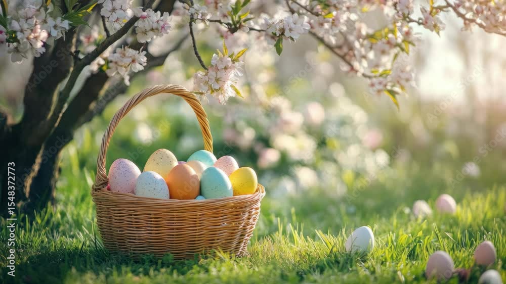 A basket filled with pastel Easter eggs, surrounded by a lush green lawn and cherry blossom trees in full bloom. This  conveys the joy and color of the holiday season.