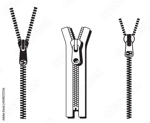 Black and white illustrations of three different zippered closures isolated on white background