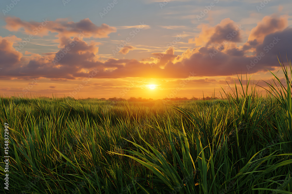 Fototapeta premium Vibrant Sunset over Lush Green Grass Field sunrise 2