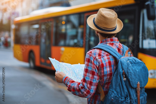 Solo traveler with backpack reading city map near public bus on urban street