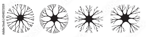 Collection of abstract neuron illustrations showing different branching patterns and cellular shapes isolated on white background