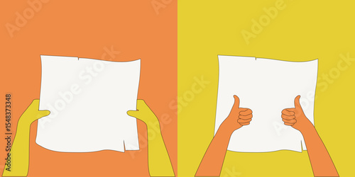 set, background, sample, banner, announcement, advertisement, flyer, human hands holding sheet of paper, thumb up, text box