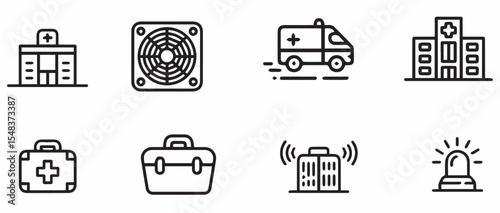 Collection of black and white line art icons depicting healthcare and medical elements