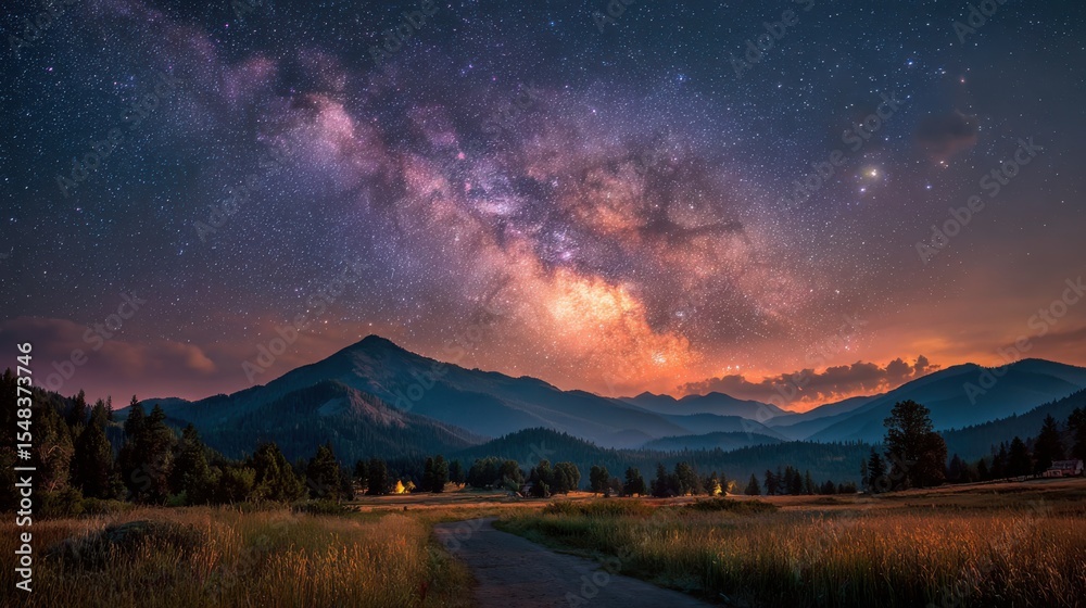 Fototapeta premium Bright stars fill the night sky, creating a stunning view of the Milky Way over a peaceful mountain range. A winding path leads through fields under the celestial display.