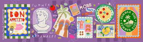 Summer. Italy. Amalfi. Vector illustration of lemon, italian pasta or macaroni poster, antique bust, sunbathing feet in flip-flops on beach, palm tree, coffee, postage stamps for icons and stickers	
