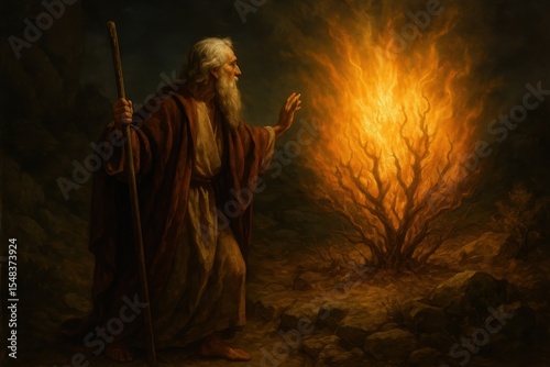 Biblical Moses at the Burning Bush with Sacred Divine Revelation and Spiritual Calling