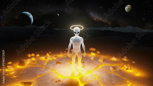 Standing Figure on Distant Planet Surface Underneath a Starry Sky