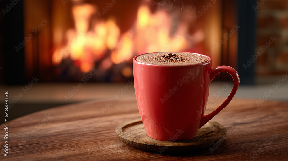 Coffee cup placed on wooden coaster, filled with frothy beverage. Front of crackling fireplace gives warm glow in rustic home setting. Concept of cafes, cozy moments, winter warmth Coffee cup placed on wooden coaster, filled with frothy beverage. Front of crackling fireplace gives warm glow in rustic home setting. Concept of cafes, cozy moments, winter warmth