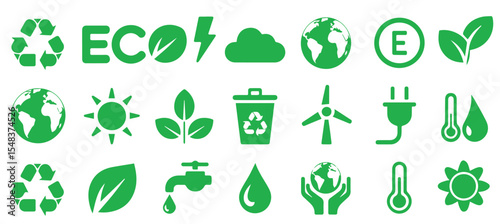 Green eco friendly icons representing environmental protection and sustainable practices