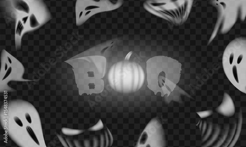 Glowing ghosts and sinister pumpkins surround the Happy Halloween text on a black background. A mysterious and eerie atmosphere perfect for Halloween-themed design