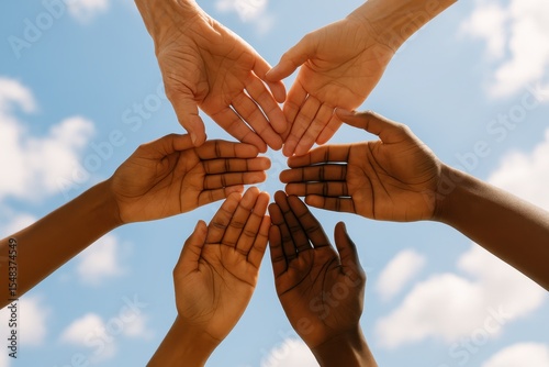 International Unity Day celebration with hands from diverse cultures joining together in circular formation