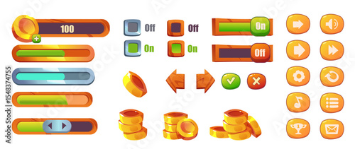 Game interface set, icons, buttons, navigation. Vector cartoon. Game interface menu set in different colors, round buttons with icons, bars, sliders, arr. Empty sign with wooden frame, level up board.