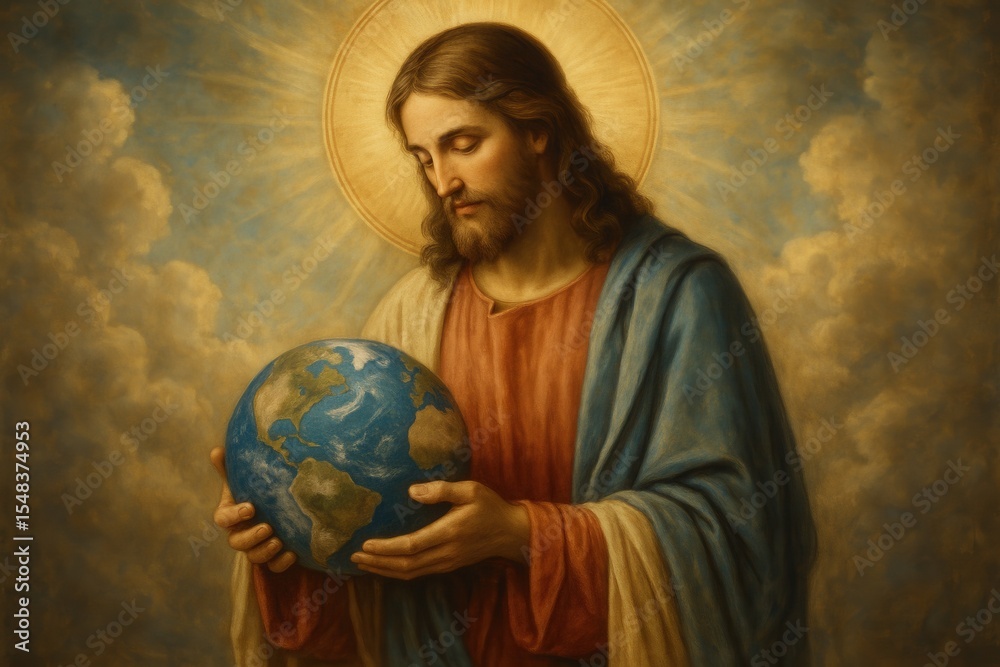 Naklejka premium Divine Christ Holding Earth with Sacred Religious Art and Christian Spirituality