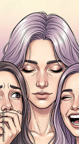 Illustration of woman with lavender hair flanked by faces expressing sadness and joy, symbolizing diverse emotional experiences and inner conflict