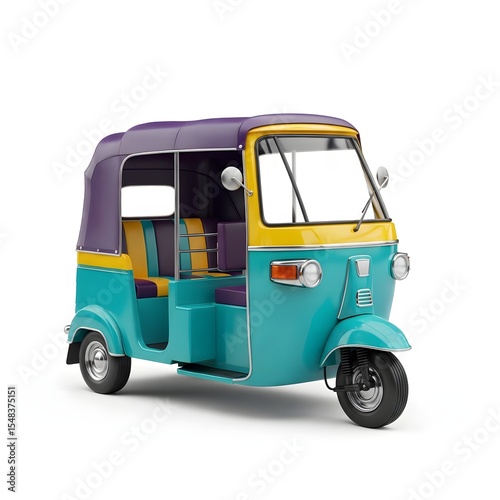 Colorful Auto Rickshaw Vehicle Standing on White, Teal Yellow Purple Tuk-tuk